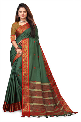 SHREE NATH CREATION Applique, Solid/Plain Banarasi Cotton Silk, Silk Blend Saree(Green)