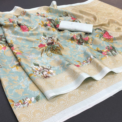 Kjs Floral Print Bollywood Cotton Blend Saree(Multicolor)