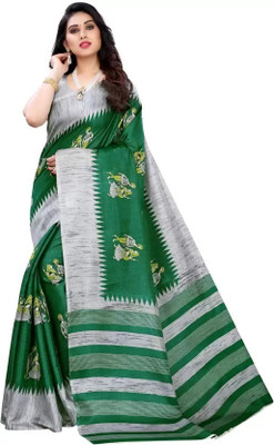 Grubstaker Printed Assam Silk Art Silk Saree(Blue)