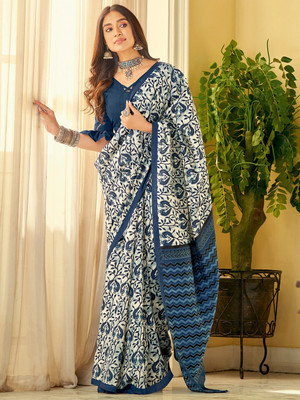 A To Z Cart Printed Bollywood Cotton Linen Saree(White, Blue)