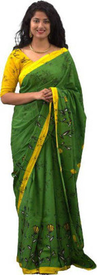 NIKHILAM Printed Daily Wear Pure Cotton Saree(Green)