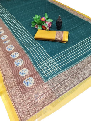 Gajal Printed Bollywood Cotton Linen, Linen Saree(Green)