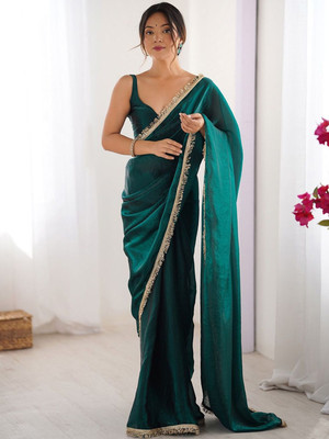 harlin Solid/Plain Bollywood Silk Blend Saree(Dark Blue)