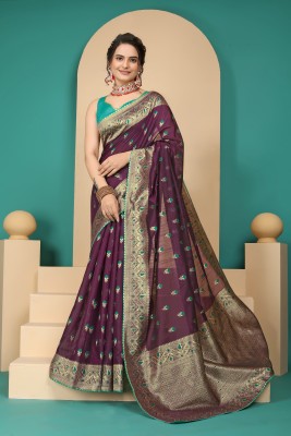 manat Self Design, Floral Print, Embellished, Woven, Applique Banarasi Jacquard, Art Silk Saree(Purple)