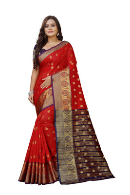 Indian Fashionista Woven Kanjivaram Silk Blend Saree(Purple, Red)