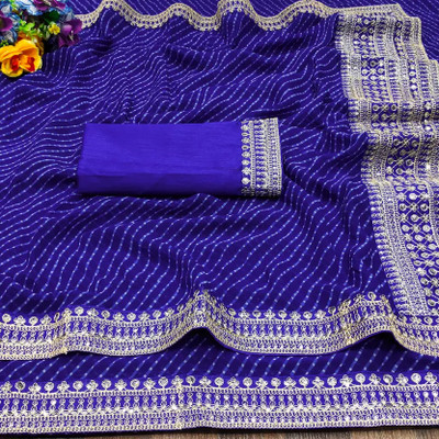 QUEDDY'S Printed Bandhani Georgette Saree(Blue)