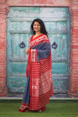 NIKHILAM Printed Daily Wear Pure Cotton Saree(Red, Blue)