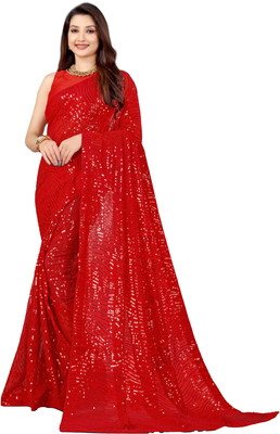 Dharmik Fashion Studio Embellished Bollywood Net Saree(Red)