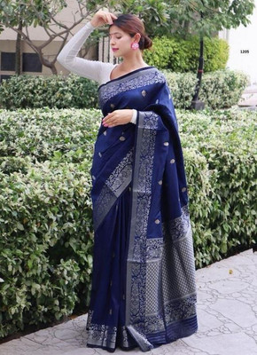 WOMENELEGENCE Embellished Banarasi Pure Silk Saree(Blue)