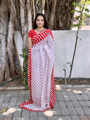 SkyCraftX Self Design, Printed Daily Wear Georgette Saree(Red, White)