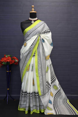 Kjs Printed Kalamkari Cotton Blend Saree(Multicolor)