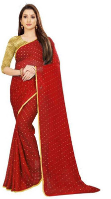 Desi Style Printed Bollywood Velvet, Chiffon Saree(Red)
