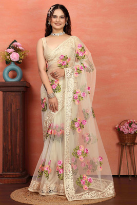 MRUTIENTERPRIS Embroidered Bollywood Net Saree(Cream)
