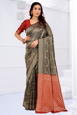 Suali Woven Banarasi Pure Silk Saree(Grey, Red)