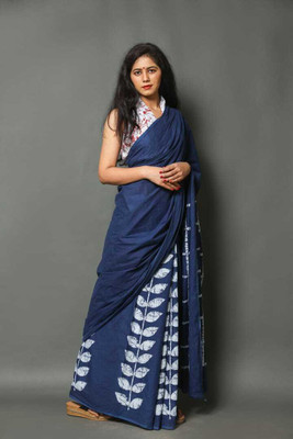NIKHILAM Printed Daily Wear Pure Cotton Saree(Dark Blue, White)