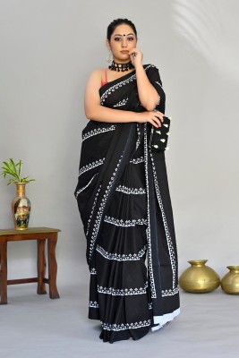 ShivGori Digital Print Bollywood Cotton Linen Saree(Black)
