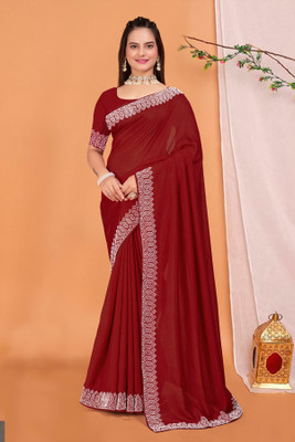 DHRAM CREATION Dyed, Embellished, Solid/Plain Bollywood Georgette, Chiffon Saree(Maroon)