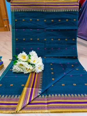 BiswasTextiles Self Design Handloom Pure Cotton Saree(Blue)