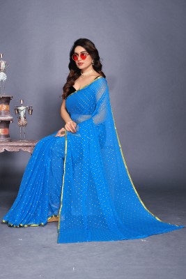 Desi Style Printed Bollywood Velvet, Chiffon Saree(Blue)