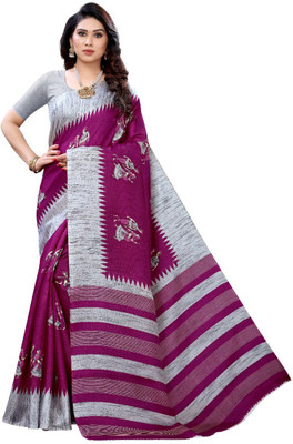 Grubstaker Printed Assam Silk Art Silk Saree(Purple)