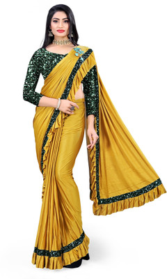 HouseOfCommon Embellished, Solid/Plain Bollywood Lycra Blend Saree(Yellow)