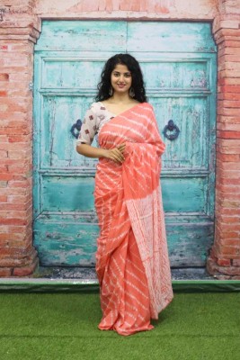 Sanganeri Print Printed, Color Block, Blocked Printed, Floral Print, Dyed Daily Wear Pure Cotton Saree(Pink)