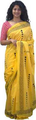 NIKHILAM Printed Handloom Pure Cotton Saree(Yellow)