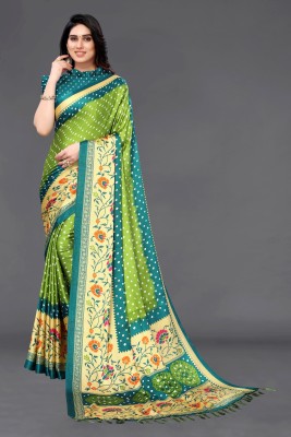 SARETRA MALL Printed, Ombre, Geometric Print, Floral Print Bandhani Silk Blend Saree(Green)