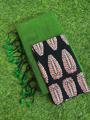 TARAMAACREATION Printed Kalamkari Handloom Pure Cotton Saree(Green, Black)