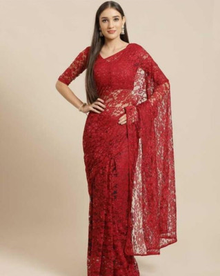 SwiftStyle Solid/Plain Daily Wear Net Saree(Red)