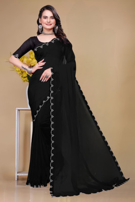 Labheshwari Solid/Plain Bollywood Georgette Saree(Black)