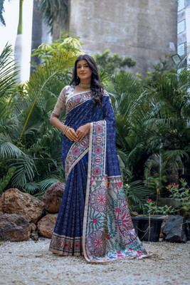 PeachPetals Printed Banarasi Cotton Blend Saree(Dark Blue)