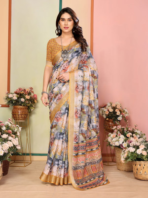 Moda Rapido Printed Daily Wear Cotton Linen Saree(Yellow)