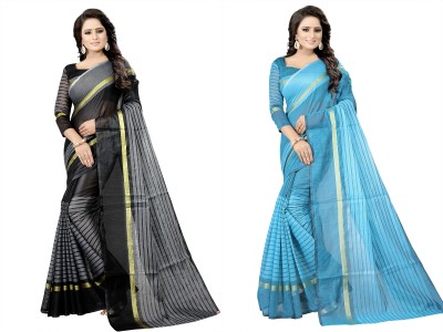 Suntex Striped Bollywood Cotton Silk Saree(Pack of 2, Light Blue, Black)