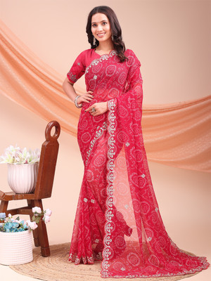 Tasrika Printed Bandhani Georgette Saree(Red)