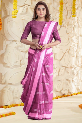 HouseOfCommon Self Design, Solid/Plain Handloom Cotton Blend Saree(Pink)