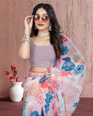 JAYAMENTERPRISE Digital Print, Floral Print, Printed Bollywood Georgette Saree(Cream)