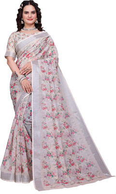 HouseOfCommon Floral Print Bollywood Cotton Linen Saree(White)
