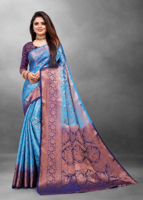SEWELO FASHION Woven Kanjivaram Jacquard, Cotton Silk Saree(Purple, Light Blue)