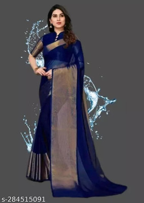 Vragi Self Design Chanderi Chiffon Saree(Blue)