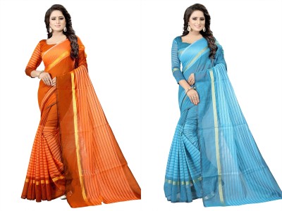 Silkbazar Striped, Checkered Daily Wear Cotton Silk Saree(Pack of 2, Blue, Orange)