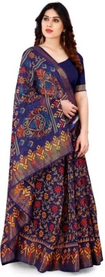 Amavii Floral Print Bollywood Cotton Blend, Brasso Saree(Dark Blue)