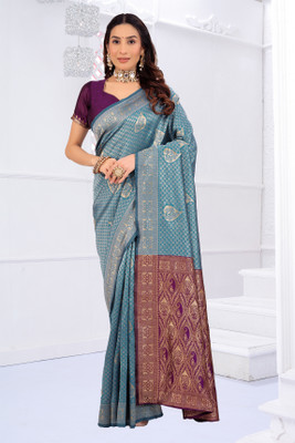 Yugaveeraa Woven Banarasi Pure Silk Saree(Light Blue)