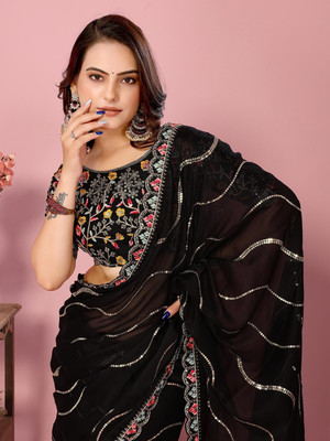 QEXTY Embroidered Bollywood Silk Blend Saree(Black)