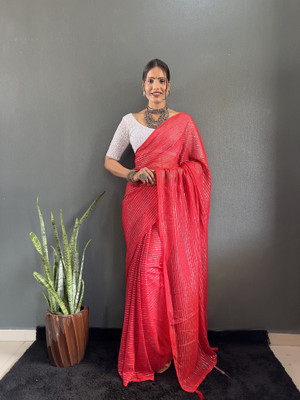 Julee Striped Bollywood Chiffon Saree(Red)