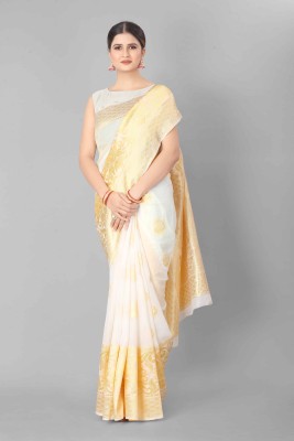 Divastri Woven Banarasi Cotton Blend Saree(White, Gold)