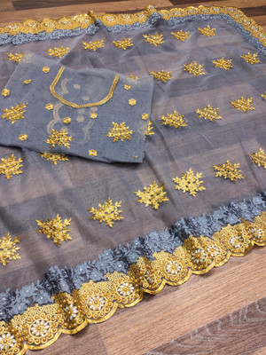 Radheradhey Printed Bollywood Net Saree(Grey)