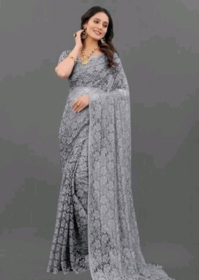 NORAFLEX Floral Print Daily Wear Net Saree(Grey)