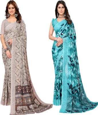 YASHIKA Printed Daily Wear Georgette Saree(Pack of 2, Brown, Blue)