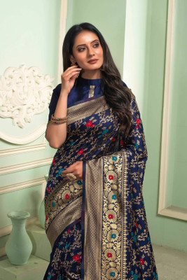 Dhruvil Impex Self Design Banarasi Pure Silk Saree(Dark Blue)